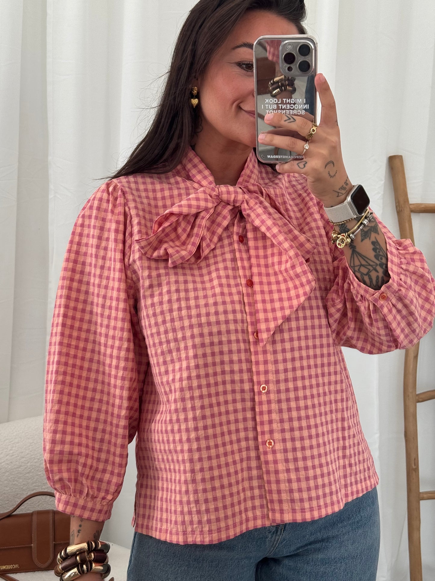 Checked bow blouse
