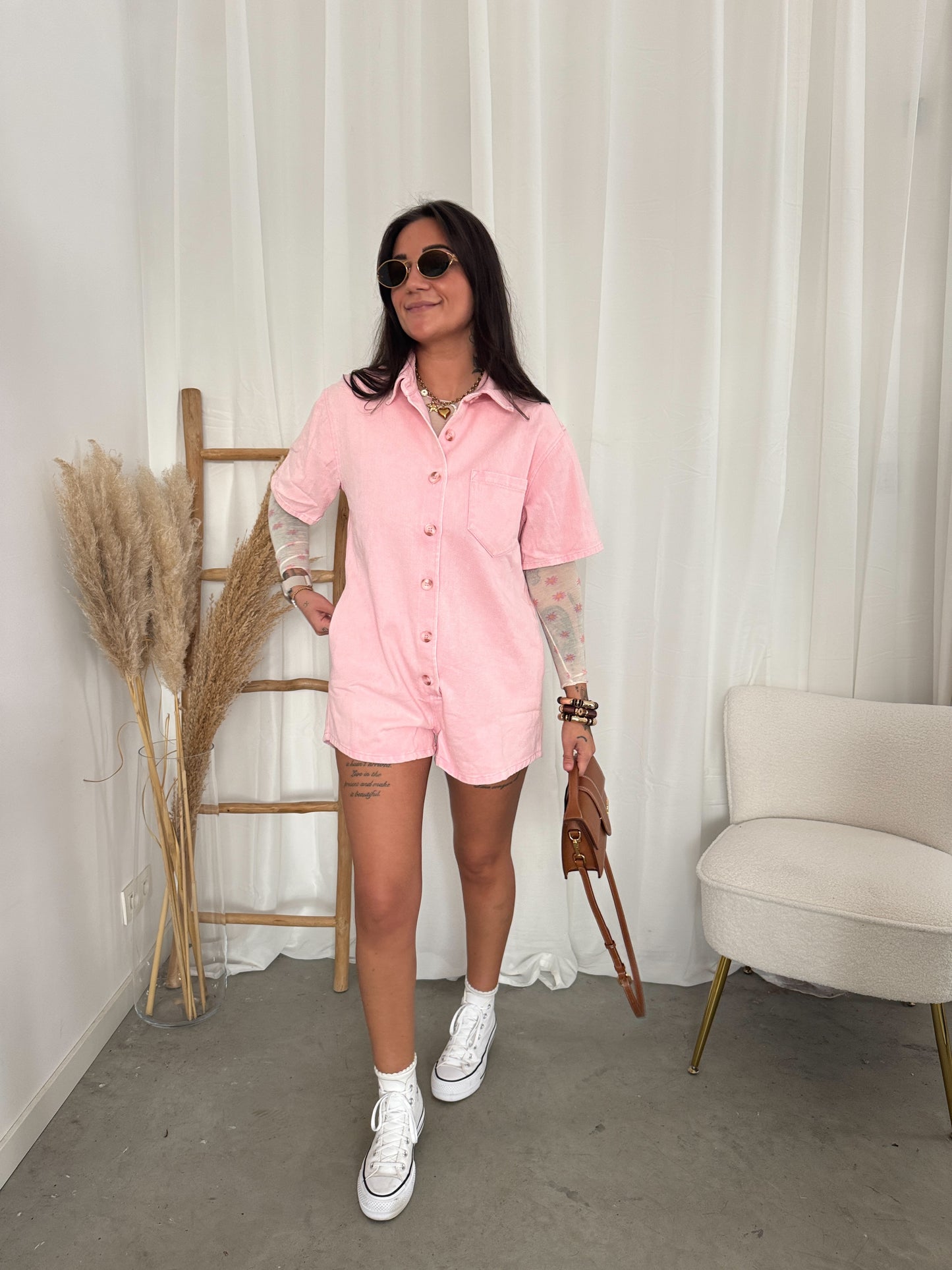 Denim playsuit pink