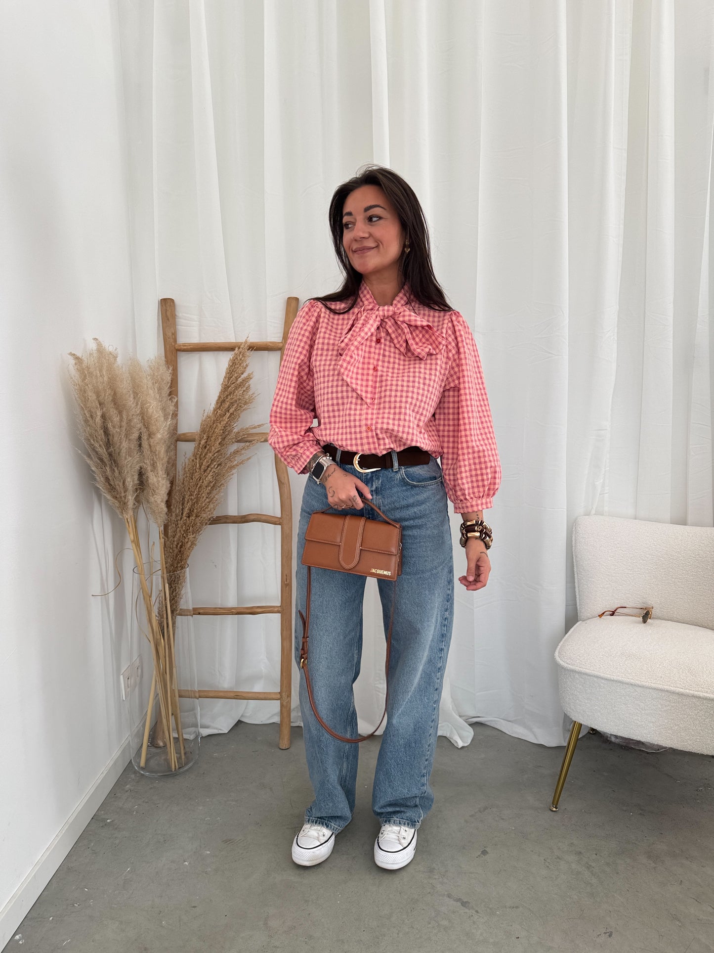Checked bow blouse
