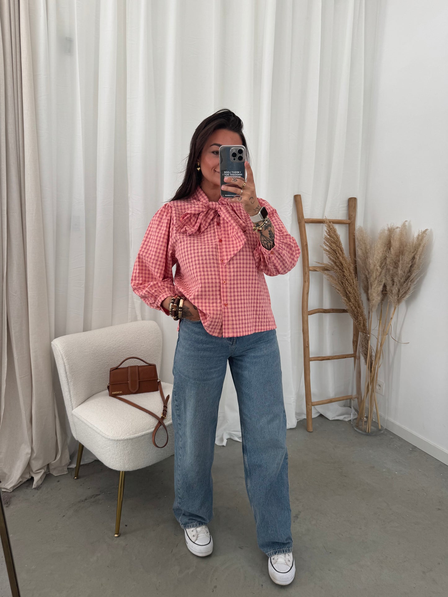 Checked bow blouse