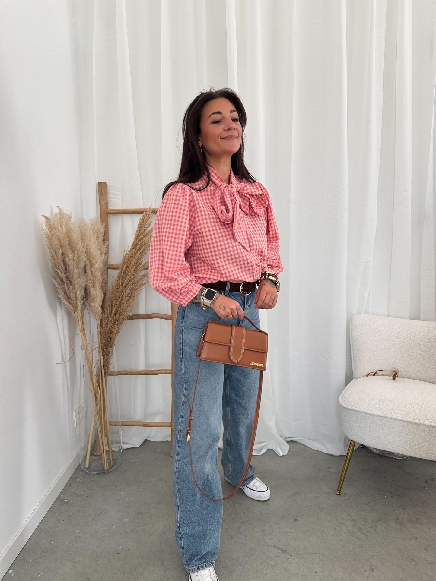 Checked bow blouse