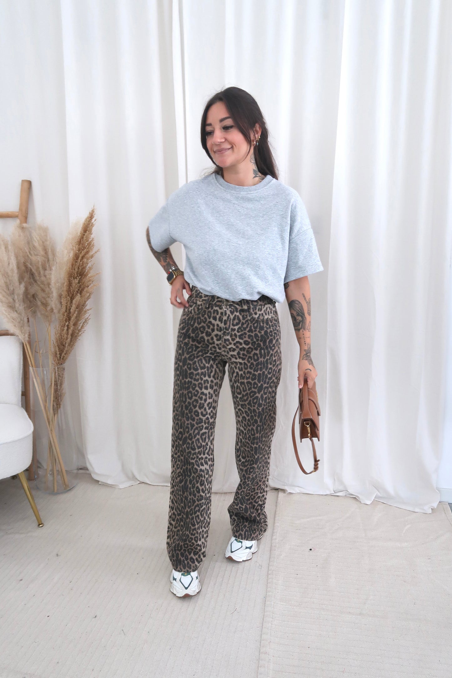 Wide leg leopard denim